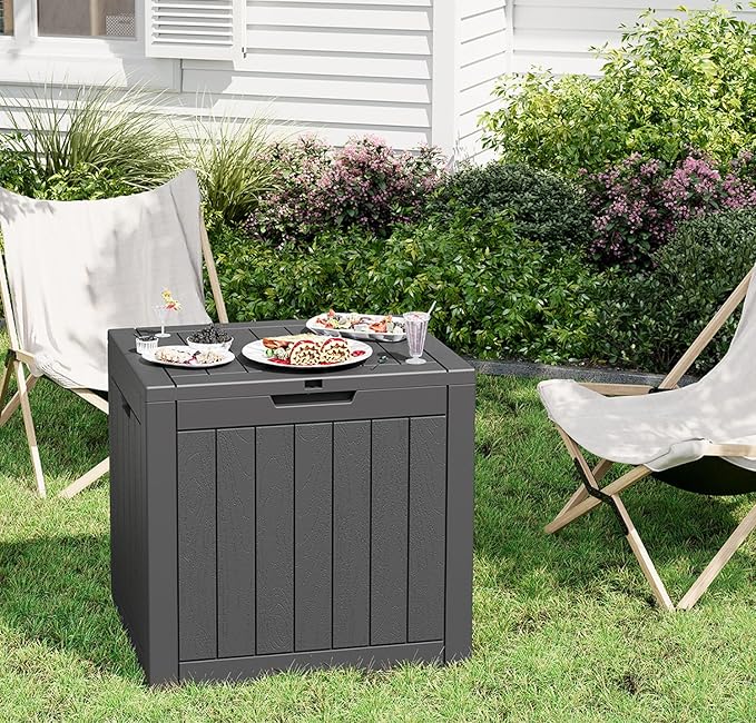 NUNU LAB Outdoor Storage Box, 32 Gallon Deck Box Indoor Outdoor Storage Bin, Waterproof Resin Patio Storage Box for Garden Tools, Package Delivery, Pool Accessories Lockable