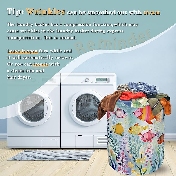 Watercolor Fish Laundry Basket Foldable With Handles Cute Fishes Tote Bag Oxford Cloth Colorful Laundry Hamper Clothes Storage Bucket Toy Organizer For Bathroom/Laundry/Bedroom 18.9"x16.5 "
