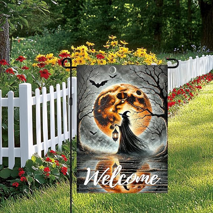 Halloween Garden Flag 12x18 Inch Witch Welcome Spooky Flag Full Moon Bats Haunted Outdoor Yard Decor House Banner Porch Lawn Patio Home Decoration
