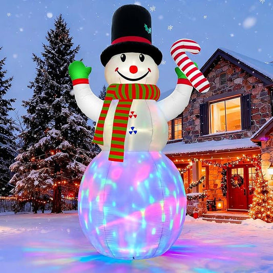 12FT Christmas Inflatables Snowman Outdoor Decorations, Giant Christmas Blow Up Snowman Inflatable in Waving Pose with Candy Cane, Rotating Colorful LED Light for Holiday Party Garden Yard Deco