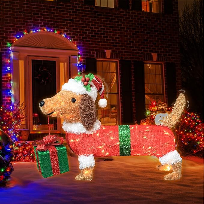 28" Long Christmas Dog Decoration with Lights,Xmas Dachshund with Hat Take a Gift Box, Weiner Dog Lighted up for Indoor Outdood Home Garden Party Yard Porch Under Christmas Tree Holiday Addition
