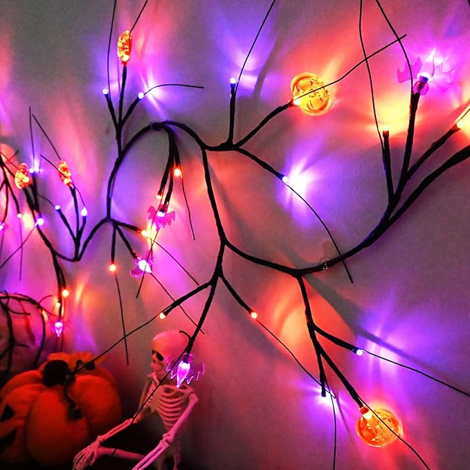 Halloween Decor Lights 8.8 Ft 72 LED Willow Vine Twig with Timer Battery Operated Garland Light 12 LED Pumpkin 12 LED Bats and 48 Lights Halloween Party Decoration for Home Wall Fireplace