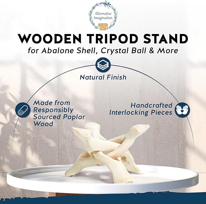 Alternative Imagination Wooden Tripod Stand - Display Stand For Home Decor, Abalone Shell, Jewelry Dish, Trinket Dish, Key Bowl, Crystal Ball and More - Natural, 4 Inches