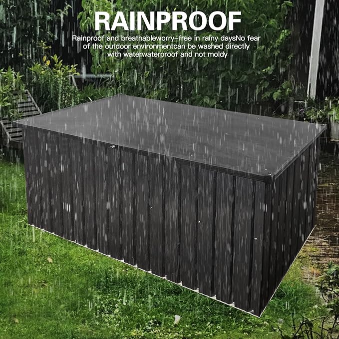 215-Gallon Outdoor Metal Storage Box, Weatherproof Deck Box with Wooden Texture, Multi-Purpose Garden Storage for Tools, Pool Accessories & Sports Gear, Patio Organizer with Tabletop Function