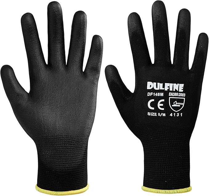 Ultra-Thin PU Coated Work Gloves-12 Pairs,Excellent Grip,Nylon Shell Black Polyurethane Coated Safety Work Gloves, Knit Wrist Cuff,Ideal for Light Duty Work. (Large)