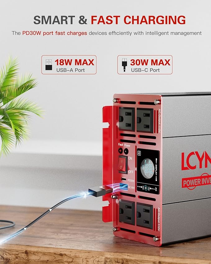 2000 Watts Pure Sine Wave Power Inverter 12V DC to 110V 120V AC Converter for Home RV Off Grid Truck Solar System Inverters with Type-C PD30W USB QC3.0 Port 4 AC Outlets LCD Display and Remote Control