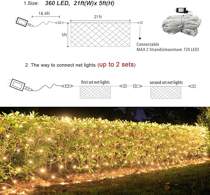 360 LED Net Lights, 21ft x 5ft Christmas Mesh Lights Clear Wire 8 Modes, Waterproof Connectable String Light Plug in for Xmas Tree Bushes Garden Outdoor Party Decorations - Warm White