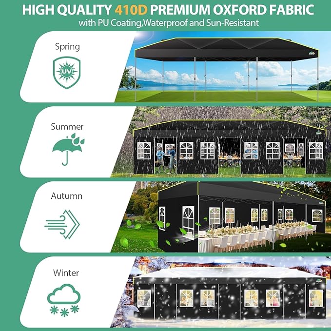 COBIZI 10x30 Pop Up Canopy Tent with Sidewalls - Party Outdoor Wedding Event for Parties - UPF 50+ Windproof Waterproof Gazebo with Air Vent, Wheeled Bag, Sandbag, Stake, Rope (Black)