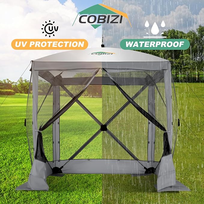 COBIZI 6x6 Pop up Gazebo Tent on Clearance, Ez up Waterproof Screen Tent Screen House with 3 sidewalls,Portable Outdoor Canopy with Carry Bag & Ground Stakes for Camping,Garden and Picnics, Grey