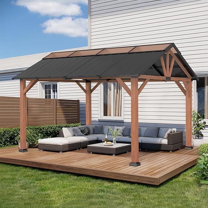 Macrout 11'x13' Hardtop Gazebo with Gabel Roof Canopy and Aluminium Frame, Outdoor Grill Gazebo Pergola for Patio, Backyard and Party, 4944 (Gable Roof + Brown Frame, 11'x13')