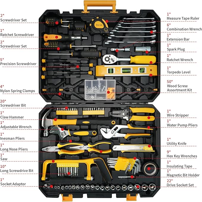 168-Piece Tool Kit Socket Wrench Hand Tool Set with Toolbox Storage Case Household Tool Kit for Home College Dorm Office