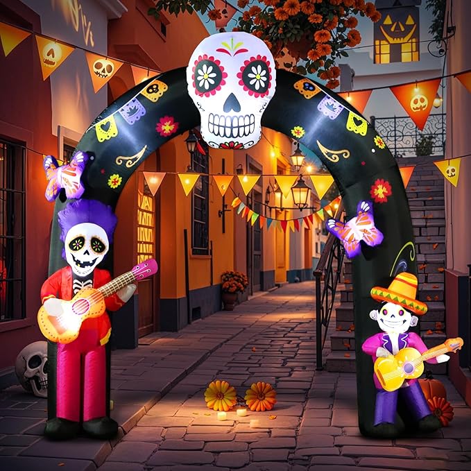 DomKom Halloween Inflatable Blow Up Decorations Archway, Dia de Los Muertos 8FT Day of Dead Arch with Skull Skeleton, Built-in LEDs for Holiday Party, Garden, Lawn, Yard, Patio Décor