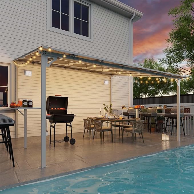MEISSALIVVE 12' x 14' Wall Mounted Gazebo, Outdoor BBQ Grill Gazebo with Side Shelf, Lean to Metal Awnings with Sloped Roof, Heavy Duty Pergola for Backyard, Deck, White