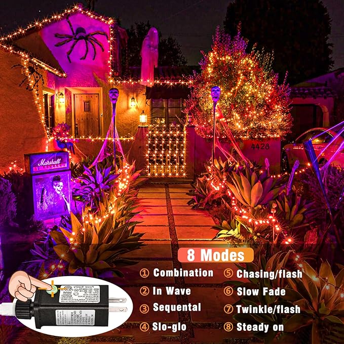 Vivideal 200 LED Orange Halloween Lights Outdoor Waterproof 66ft Halloween String Lights Indoor 8 Modes Clear Wire, Plug in Orange String Light for Xmars Tree Bedroom Thanksgiving Decorations