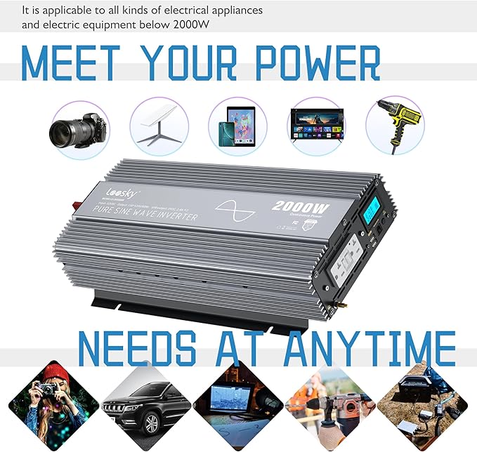 2000W Pure Sine Wave Power Inverter 12V DC to 120V AC with LCD Display Remote GFCI Outlets FCC Approved Compatible with Lithium Battery Starlink for Solar Off-Grid Home Car RV Truck LEESKY