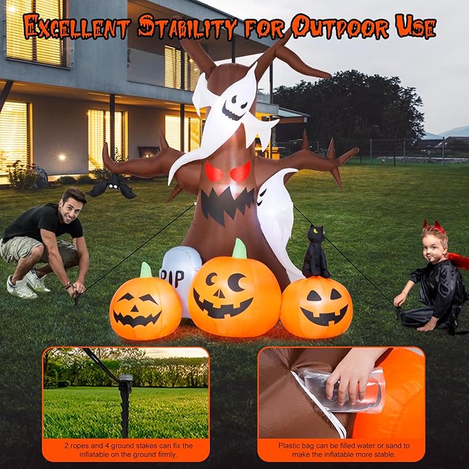 8FT Halloween Inflatable Dead Tree Outdoor Decorations with Ghosts & Pumpkins, Halloween Blow Up Yard Decoration with Build-in LEDs for Holiday/Halloween Party/Garden/Lawn