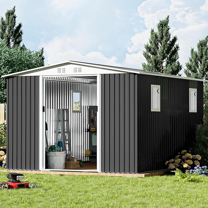 10FT x 8FT Outdoor Storage, Metal Anti-Corrosion Utility Tool House with Lockable Door & Shutter Vents，Outdoor Waterproof Garden Tool Storage Sheds