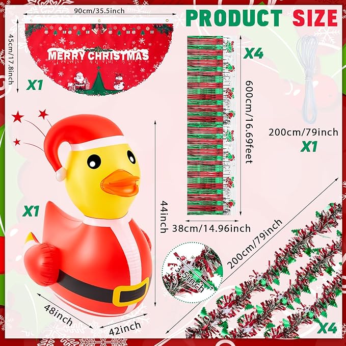 Hungdao 9 Pcs Christmas Golf Cart Parade Decorations Include 1 Pcs 4 Feet Inflatable Giant Santa Duck with Float Bunting Flag Tinsel Garland for Christmas Car Yard Party Decoration