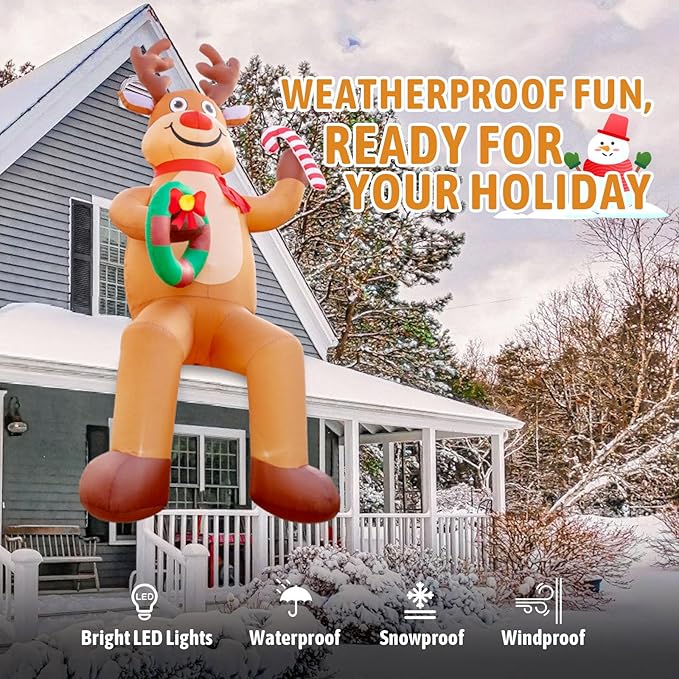 12FT Christmas inflatables, Christmas Inflatable Outdoor Decoration Sitting Reindeer with Built-in Led Lights, Christma Blow Ups Outdoor Roof Yard Lawn Xmas Decor