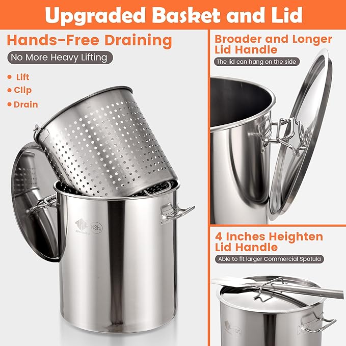 ARC 100QT Stock pot Seafood Boil Pot and Propane Stove with 200,000BTU, Stainless Steel Crawfish Boil Pot with Basket and Steamer Rack, Burner for Outdoors Cooking and Steaming