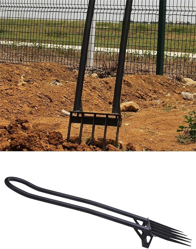 Heavy Duty Garden Broadfork - 46" Steel Long Dual Handle Pitch Fork (Ergonomic Grip for Labor-Saving), 5 Tempered Diamond Tines for Soil Loosening, Weeding, Composting, Aeration & Transplanting