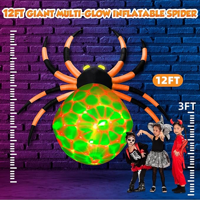 12Ft Giant Halloween Inflatables Spider Built-in 7-Color-Shifting Eyes & 3-Effect-Flashing Belly, Large Halloween Decorations Outdoor Huge Blow Up Yard Decorations Blowups for Holiday- 1PCS（Orange