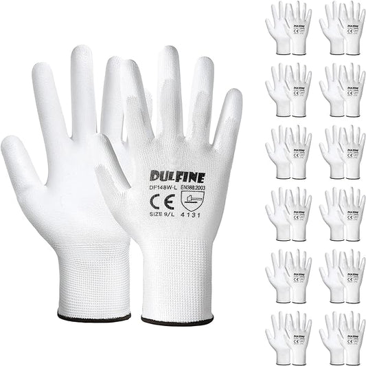 DULFINE Safety Work Gloves PU Coated-12 Pairs,White Seamless Knit Glove with Polyurethane Coated Smooth Grip on Palm & Fingers, for Men and Women, Ideal for General Duty Work (Small)