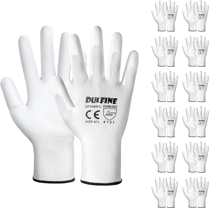 DULFINE Safety Work Gloves PU Coated-12 Pairs,White Seamless Knit Glove with Polyurethane Coated Smooth Grip on Palm & Fingers, for Men and Women, Ideal for General Duty Work (Medium)