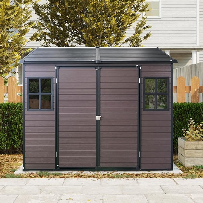 8x6 FT Resin Outdoor Storage Shed with Floor, Windows & Lockable Doors Waterproof All-Weather Garden Shed for Backyard, Patio, and Lawn Equipment Storage, Brown