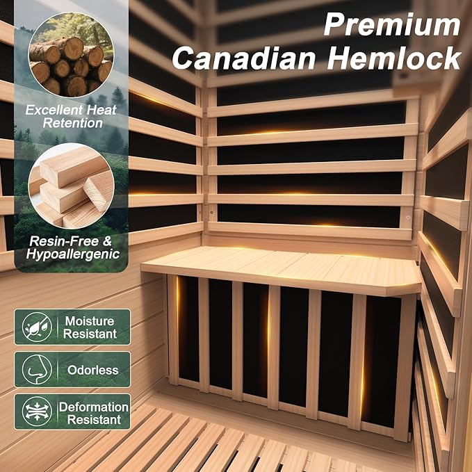 Far Infrared Sauna, Canadian Hemlock Wood Sauna Spa Room for Indoor,1062W 110V Low EMF Saunas with Control Panel and Integrated Speakers, Mini Home Sauna Room for One Person (Wood)
