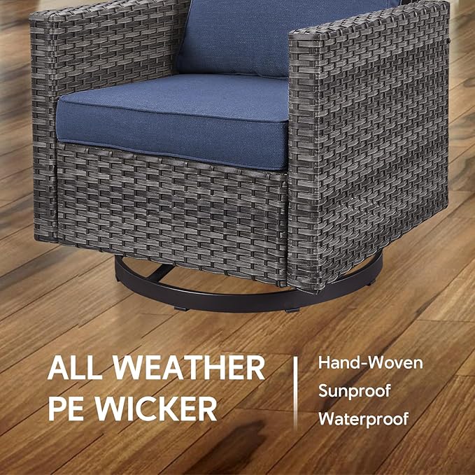 6 Piece Wicker Patio Furniture with Fire Pit Table - Outdoor Conversation Set with 50,000 BTU Fire Pit, All Weather Rattan Patio Set for Deck Backyard Garden - Grey Wicker Blue Cushion