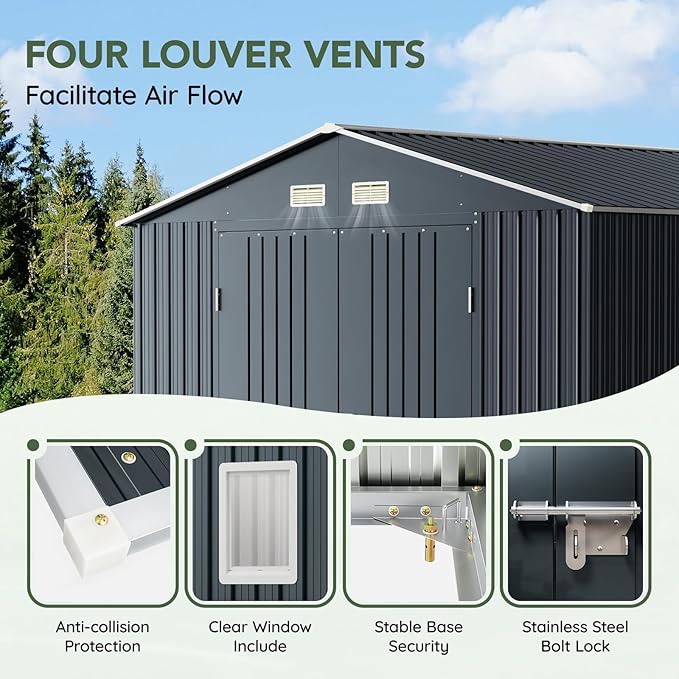 10x10 FT Outdoor Metal Storage Shed, Double Swing Doors, 2 Clear Windows,Tool Shed for Garden, Patio, Backyard Nightblue