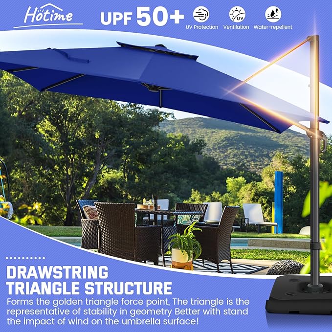Hotime 10ft Patio Cantilever Umbrella Deck Offset Double Roof Umbrellas,sombrillas de patio Large Rectangular tilt umbrella with 360°Rotation&Heavy-Duty Aluminum Frame,for Poolside Garden,Dark Blue