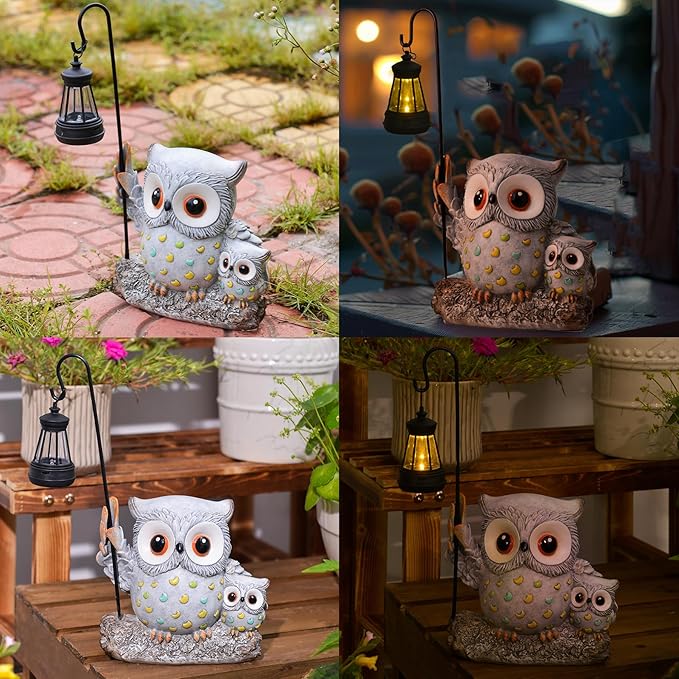 Garden Statues Owl with Solar LED Lantern, Resin Solar Garden Decor for Outside, Yard Decorations Outdoor for Patio, Porch, Balcony, Lawn Ornaments, House Warming Birthday Gifts for Mom Women Grandma