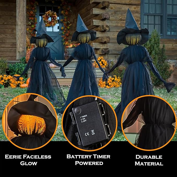 Evergreen Set of 3 LED Black Halloween Witches with Hats Stakes | 4 Feet Tall | Weatherproof Battery Operated | Spooky Garden Statue Outdoor Decoration Grass Lawn or Patio