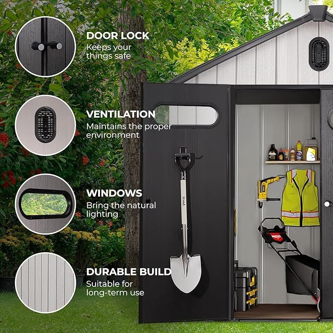 EconoHome 8x8 Ft Outdoor Storage Shed with Floor - Waterproof Shed with Lockable Door for Garden - Backyard, Tool Storage Use - Grey