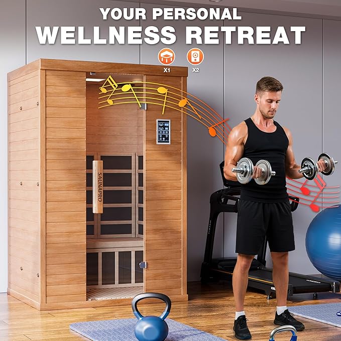 2- Person Infrared Sauna, Remotely Controllable Indoor Sauna, Low EMF 1500W/120V LCD Heater, WiFi & BT Control, 9-Color Light Therapy, Safe Flame-Retardant Material, Wood