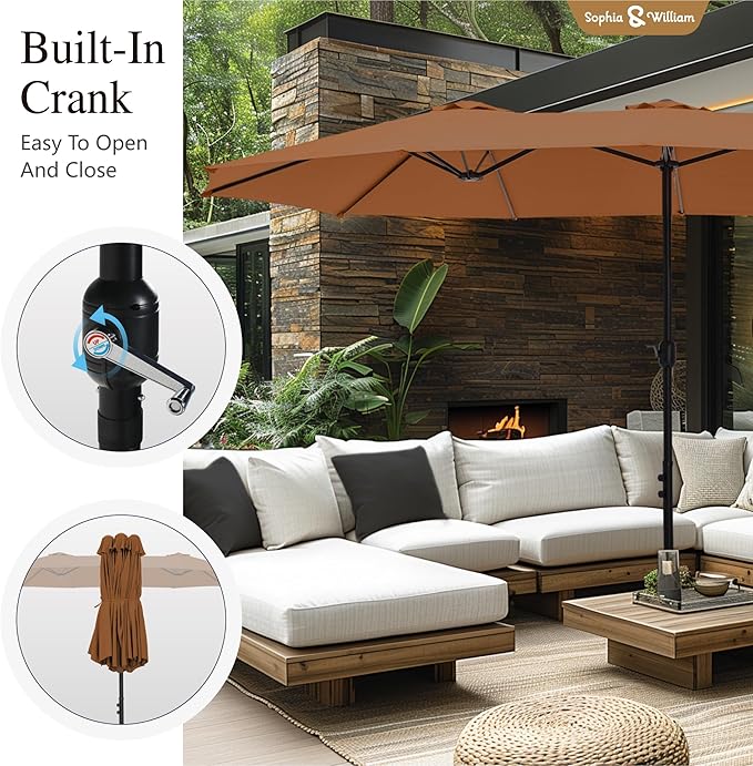 Sophia & William 15 ft Extra Large Patio Umbrella with Base Included, Rectangular Outdoor Umbrella Heavy Duty, Market Umbrella Double-sided Fade Resistant for Pool Garden Backyard, Maillard Tawny