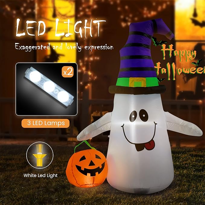 VIVOHOME 5FT Halloween Inflatable Yard Decor, White Ghost with Pumpkin, Outdoor Blow Up with Built-in LED Light for Lawn, Garden, Party
