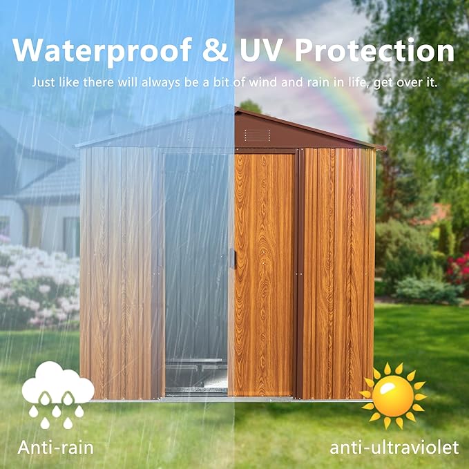 6 x 6 FT Outdoor Storage Shed, Metal Garden Shed with Floor Frame, Tool Shed Outdoor Storage with Lockable Sliding Doors & Air Vents, Storage House Waterproof for Backyard, Lawn, Coffee