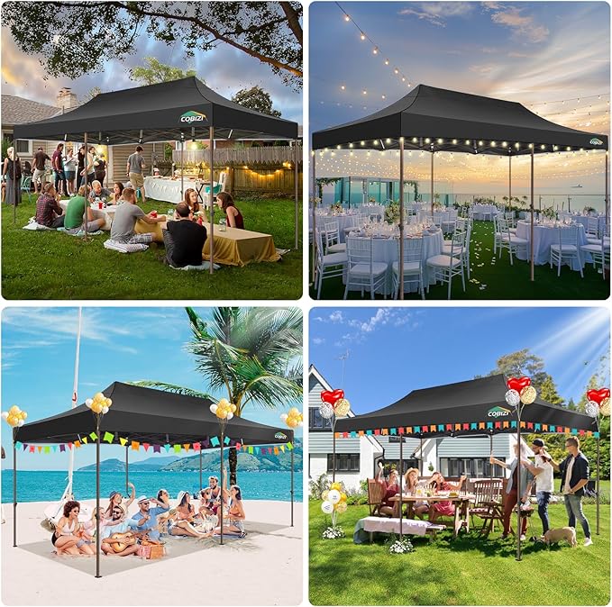 COBIZI 10x20 Pop Up Heavy Duty Canopy with 6 Sidewalls and Hexagonal Legs, Easy up Tent for Parties, Commercial and Wedding, Outdoor Canopy with Roller Bag, Sand Bags, Waterproof & UPF50+ (Black)