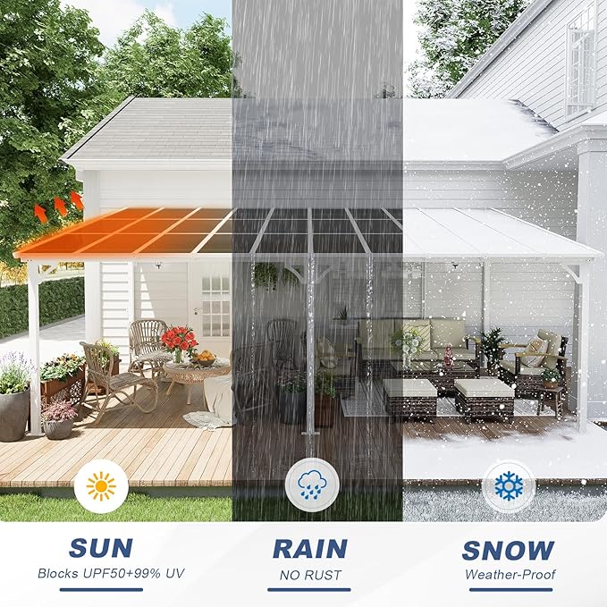 MEISSALIVVE Wall Mounted Lean to Metal Awnings - 12' x 20' White Sloped Roof Gazebo Pergola for Backyard Deck Patio, White