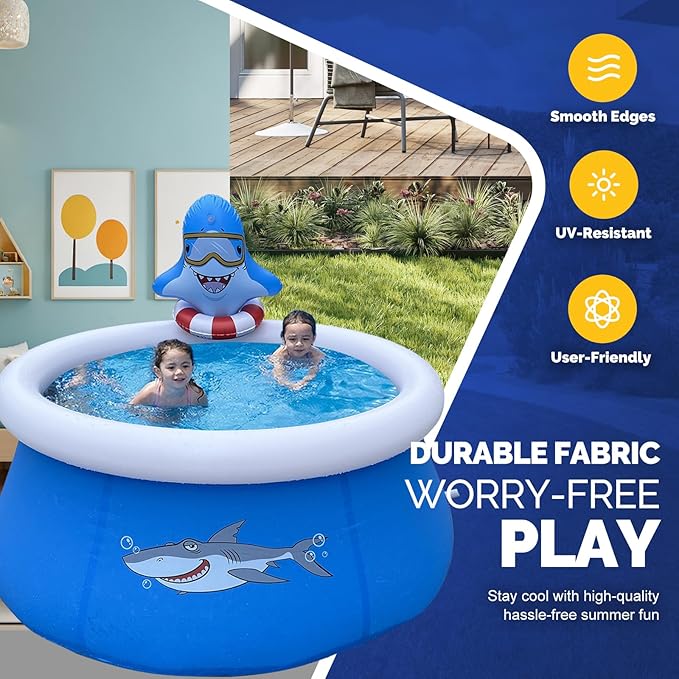 DIMAR GARDEN 6ft x 29in Inflatable Swimming Spray Pool, Outdoor Round Air Top Ring Shark Pools