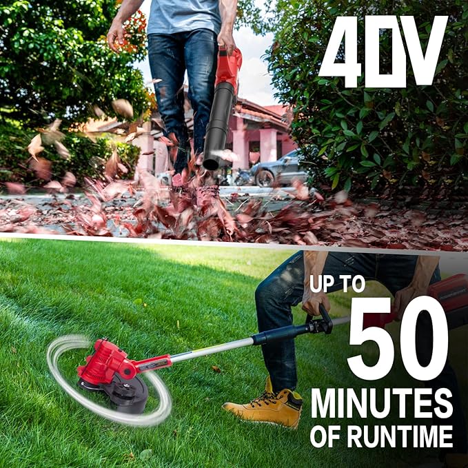 PowerSmart 40V MAX String Trimmer & Edger 2-in-1(with Automated Feed Spool)+ 40V Leaf Blower Combo Kit, 4.0Ah Battery and Charger Included