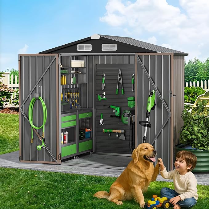 GVDV 6x4 FT Outdoor Metal Storage Shed with Floor, Durable Garden Shed with Updated Frame Structure for Backyard, Patio, Tool Storage, All-Weather Shelter for Bike, Gardening Tools, Equipment, Pet