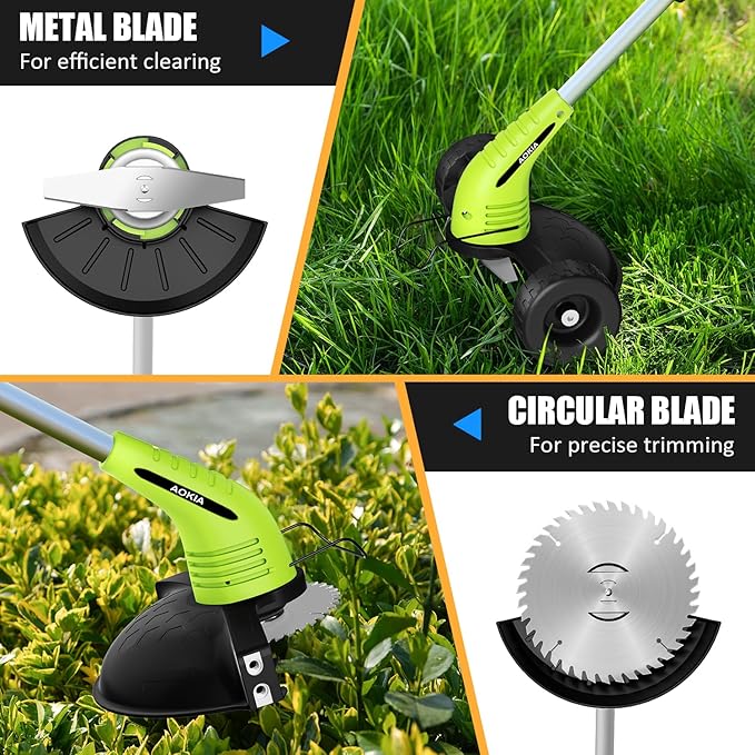 Electric Weed Wacker Cordless： String Trimmer with Roller 2Types Blades - 2.0Ah 12V Battery Powered Lightweight Grass Cutter/Mower for Yard and Garden, Green
