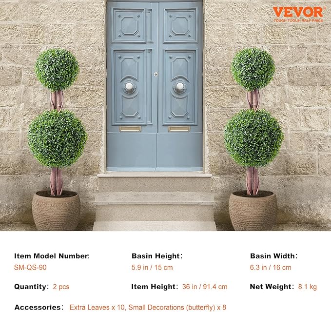 VEVOR Artificial Boxwood Topiary Tree, 36 inch Tall (2 Pieces), Double Ball Faux Topiary Trees, Faux Plant w/Extra Leaves & Pot & Small Decoration, UV Rated Set for Home Decor Indoor/Outdoor