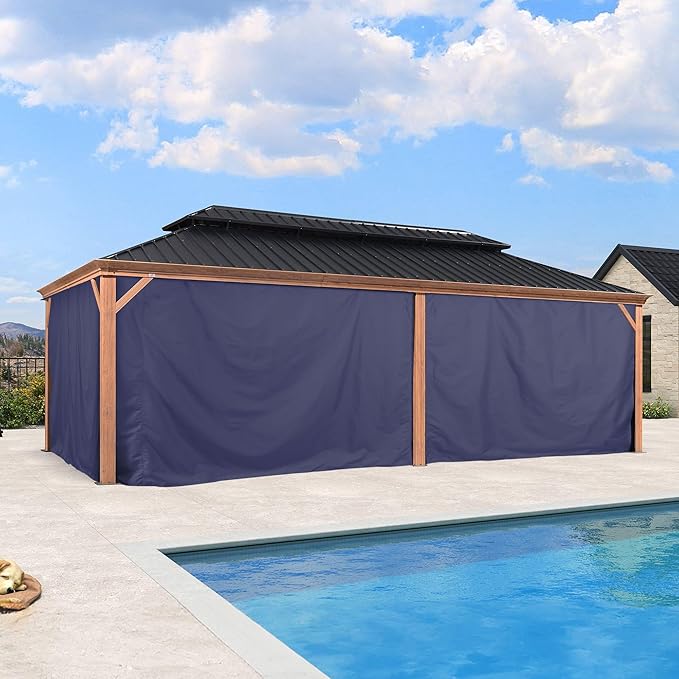 PURPLE LEAF 12' X 24' Outdoor Hardtop Gazebo for Patio Galvanized Steel Double Roof Permanent Canopy Teak Finish Coated Aluminum Frame Pavilion Gazebo with Nettings and Navy Blue Curtains