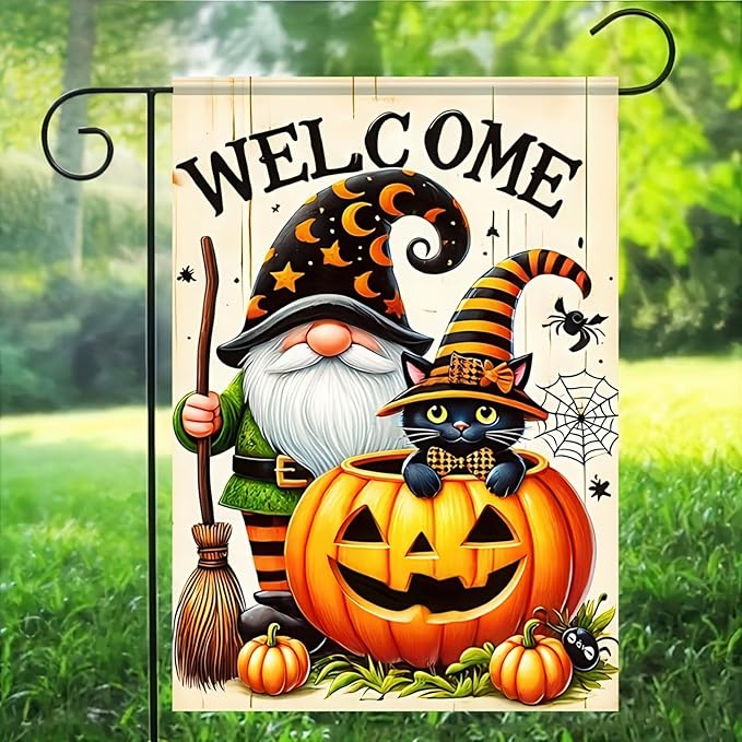 Welcome Halloween Gnome Decorative Garden Flag Halloween Black Cat Garden Flag 12x 18 Inch Double Sided Spooky Pumpkin Welcome Yard Flag Holiday Seasonal Outdoor Outside Decoration