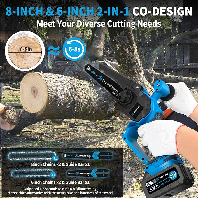 Cordless Mini Chainsaw, 8 inch & 6 inch Portable Handheld Chain Saw with 2 X 4.0Ah Battery, 4 Chains 4 Guide Plates, LED Indicate, Brushless Electric Chainsaw Using for Tree Trimming, Garden Pruning